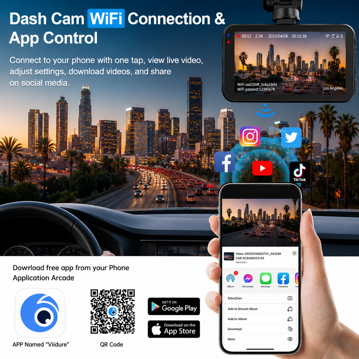 Wi-Fi Dash Cam Front & Rear 2.5k